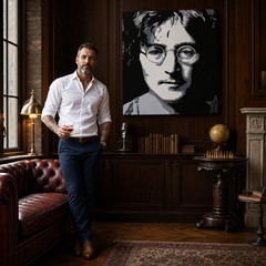 Ručno oslikana POP Art slika John Lennon 1 komad jl – slika u modernom muškom enterijeru, lifestyle vizualizacija. Dominantne boje: crna, bijela, siva.