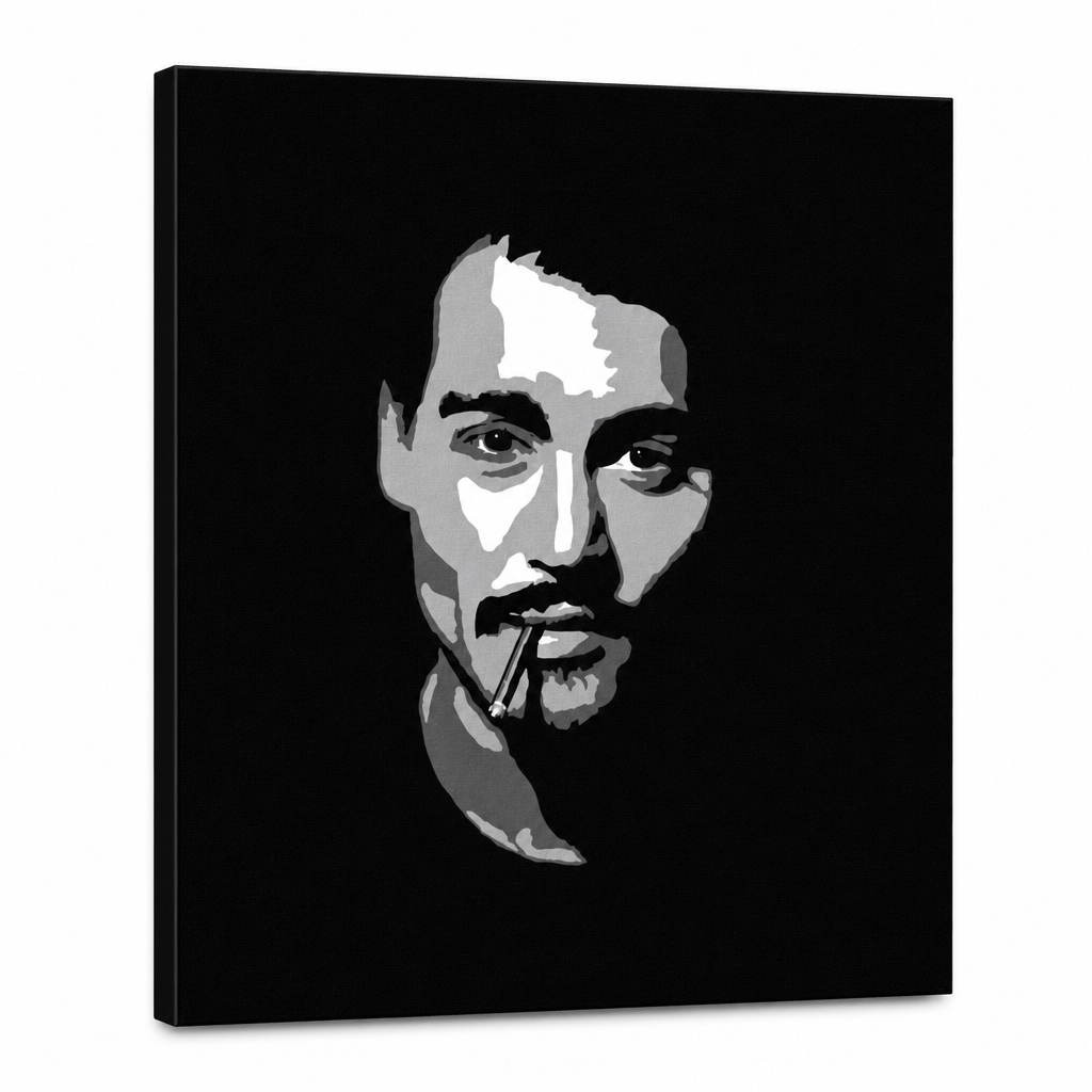 Ručno oslikana POP Art slika Johnny Depp1 dio jd2 – 3D vizualizacija ručno oslikanog platna na bijeloj pozadini. Dominantne boje: crna, bijela, siva.