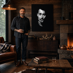 Ručno oslikana POP Art slika Johnny Depp1 dio jd2 – slika u modernom muškom enterijeru, lifestyle vizualizacija. Dominantne boje: crna, bijela, siva.