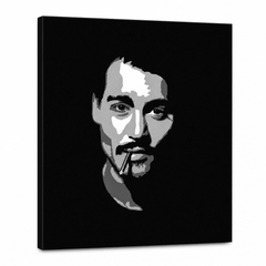 Ručno oslikana POP Art slika Johnny Depp1 dio jd2 – 3D vizualizacija ručno oslikanog platna na bijeloj pozadini. Dominantne boje: crna, bijela, siva.
