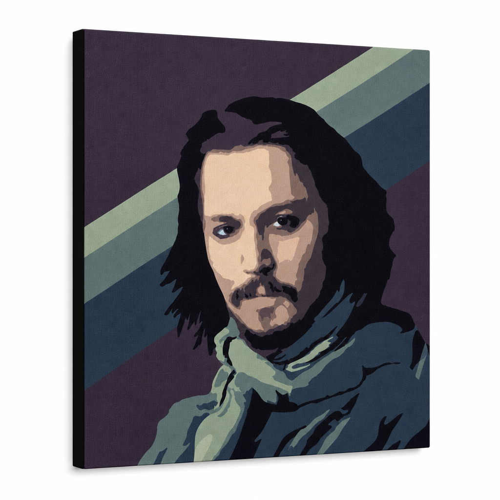 Ručno oslikana POP Art slika Johnny Depp1 komad jd – 3D vizualizacija ručno oslikanog platna na bijeloj pozadini. Dominantne boje: ljubičasta, plava, crna, bež, zelena.
