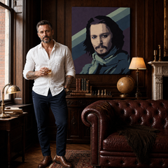 Ručno oslikana POP Art slika Johnny Depp1 komad jd – slika u modernom muškom enterijeru, lifestyle vizualizacija. Dominantne boje: ljubičasta, plava, crna, bež, zelena.