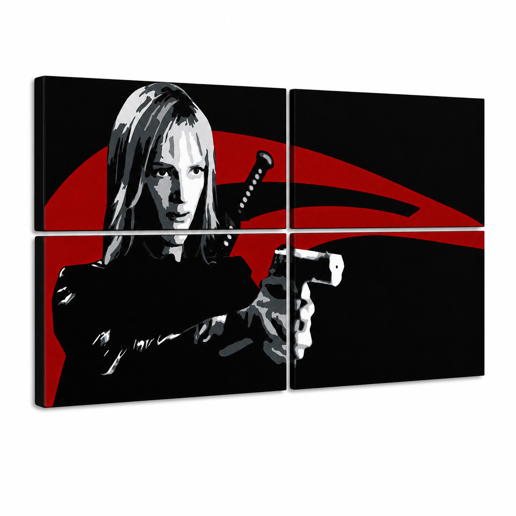 Ručno oslikana POP Art slika Kill Bill 4 dijela kb – 3D vizualizacija ručno oslikanog platna na bijeloj pozadini. Dominantne boje: crna, crvena, bijela.