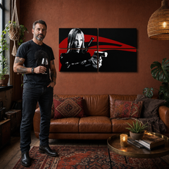 Ručno oslikana POP Art slika Kill Bill 4 dijela kb – slika u modernom muškom enterijeru, lifestyle vizualizacija. Dominantne boje: crna, crvena, bijela.