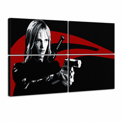 Ručno oslikana POP Art slika Kill Bill 4 dijela kb – 3D vizualizacija ručno oslikanog platna na bijeloj pozadini. Dominantne boje: crna, crvena, bijela.