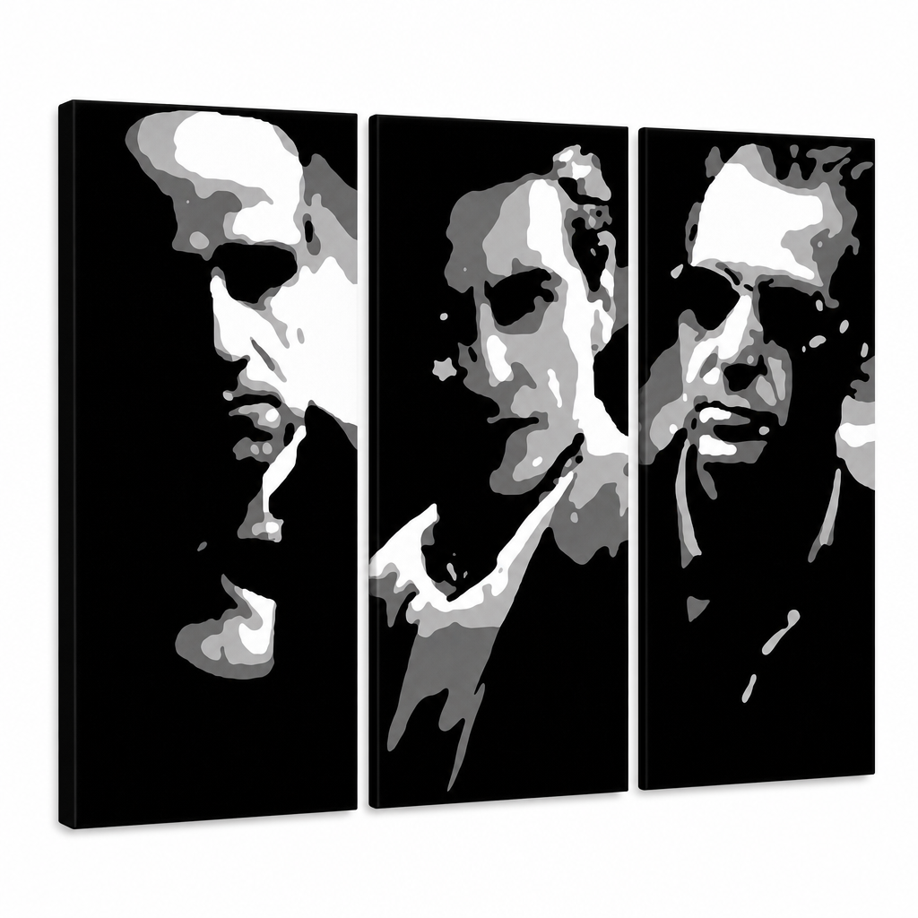 Ručno oslikana POP Art slika KUM 3 dijela god2 – 3D vizualizacija ručno oslikanog platna na bijeloj pozadini. Dominantne boje: crna, bijela, siva.