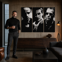 Ručno oslikana POP Art slika KUM 3 dijela god2 – slika u modernom muškom enterijeru, lifestyle vizualizacija. Dominantne boje: crna, bijela, siva.