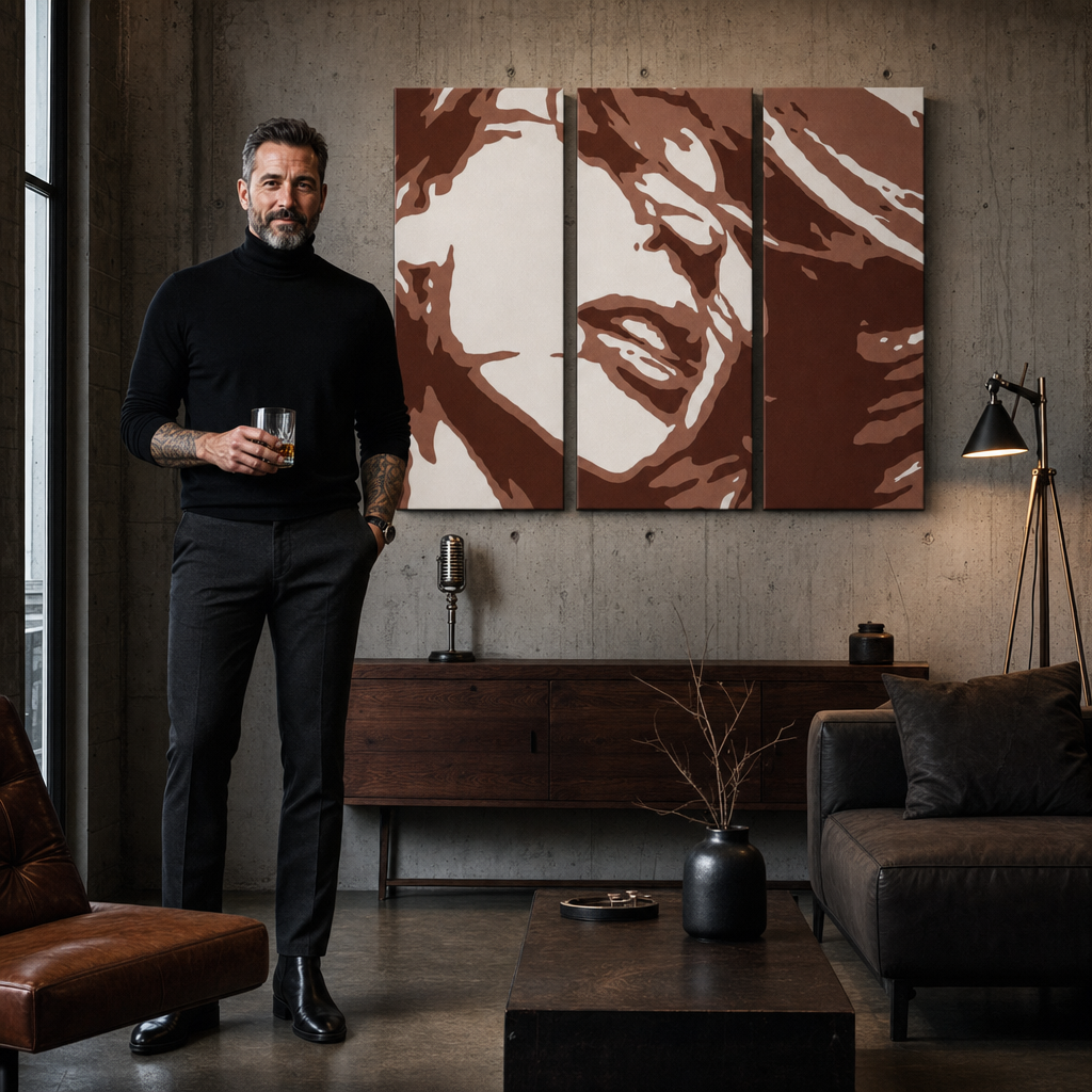 Ručno oslikana POP Art slika Kylie Minogue, 3 dijela – slika u modernom muškom enterijeru, lifestyle vizualizacija. Dominantne boje: smeđa, bijela, narandžasta.