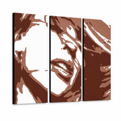 Ručno oslikana POP Art slika Kylie Minogue, 3 dijela – 3D vizualizacija ručno oslikanog platna na bijeloj pozadini. Dominantne boje: smeđa, bijela, narandžasta.