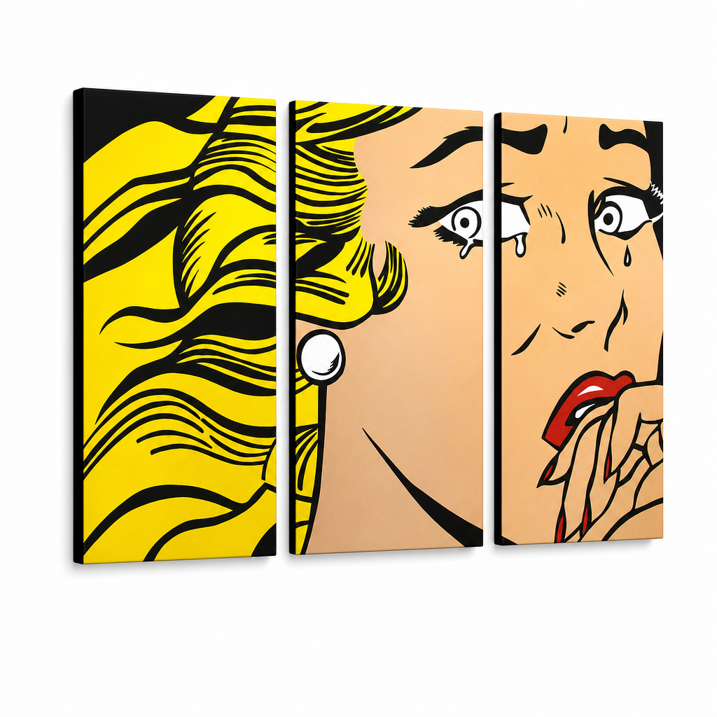 Ručno oslikana POP Art slika LICHTENSTEIN 3 dijela li3/x2 – 3D vizualizacija ručno oslikanog platna na bijeloj pozadini. Dominantne boje: žuta, crna, roza.