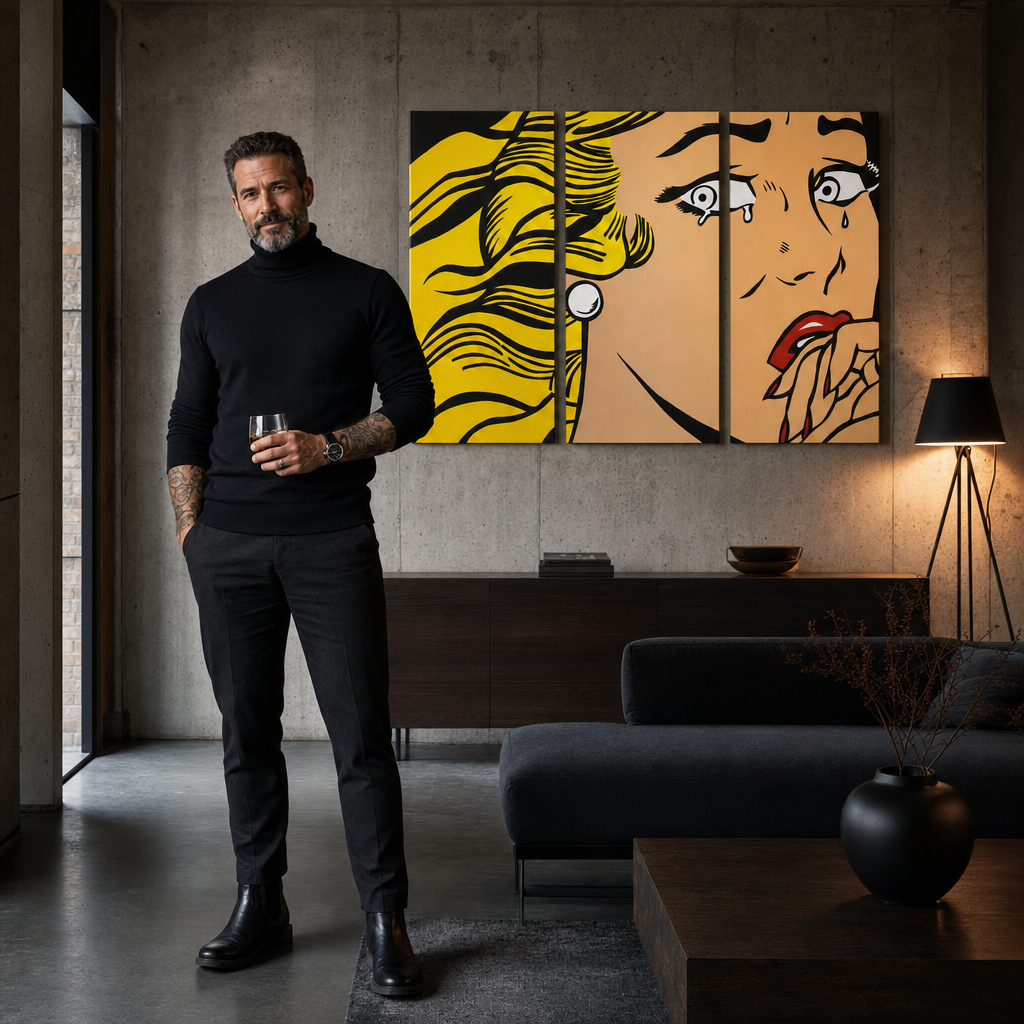 Ručno oslikana POP Art slika LICHTENSTEIN 3 dijela li3/x2 – slika u modernom muškom enterijeru, lifestyle vizualizacija. Dominantne boje: žuta, crna, roza.