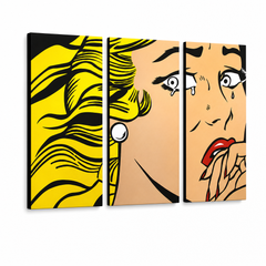 Ručno oslikana POP Art slika LICHTENSTEIN 3 dijela li3/x2 – 3D vizualizacija ručno oslikanog platna na bijeloj pozadini. Dominantne boje: žuta, crna, roza.