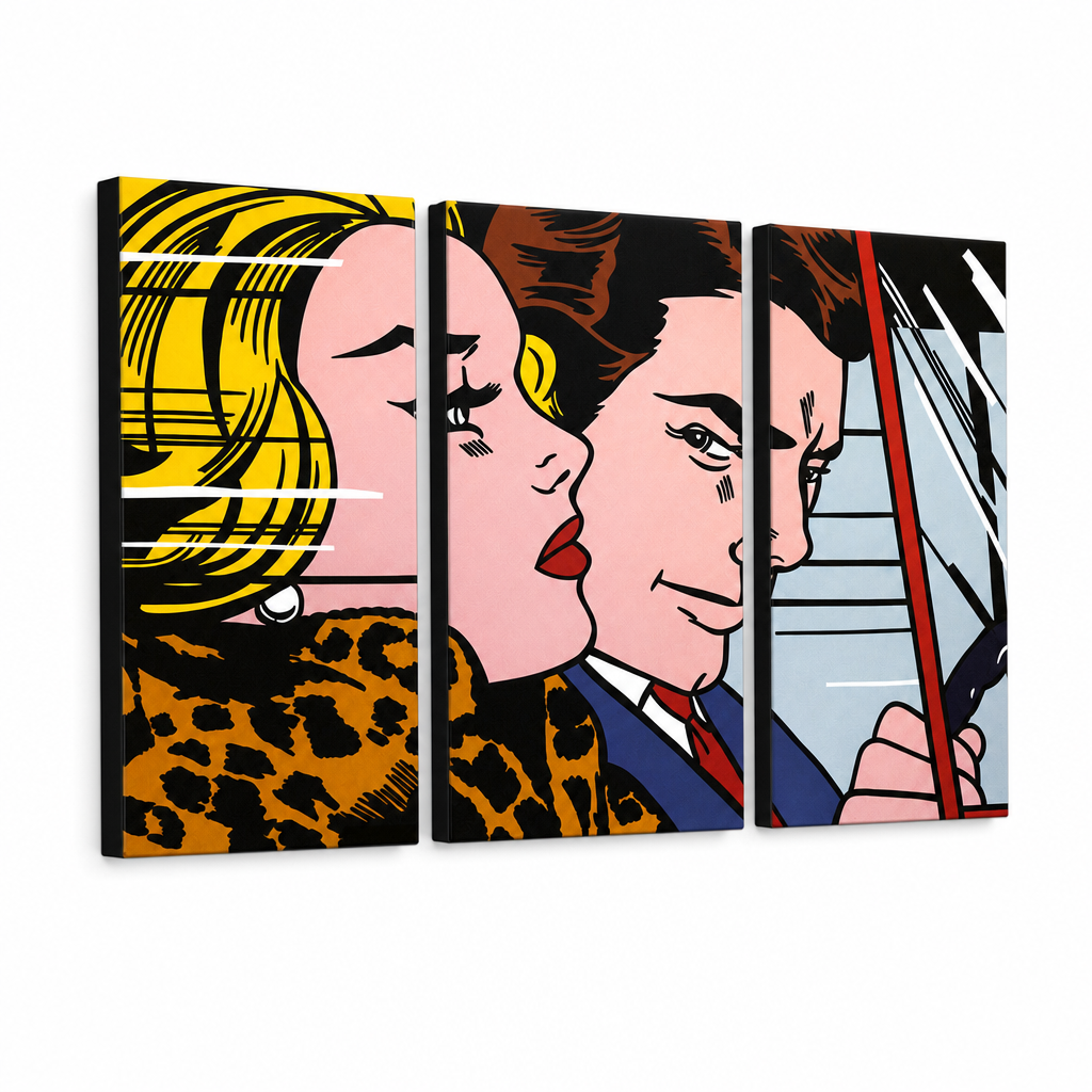 Ručno oslikana POP Art slika LICHTENSTEIN 3 dijela li4 – 3D vizualizacija ručno oslikanog platna na bijeloj pozadini. Dominantne boje: žuta, crna, roza, plava, smeđa.