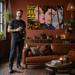 Ručno oslikana POP Art slika LICHTENSTEIN 3 dijela li4 – slika u modernom muškom enterijeru, lifestyle vizualizacija. Dominantne boje: žuta, crna, roza, plava, smeđa.