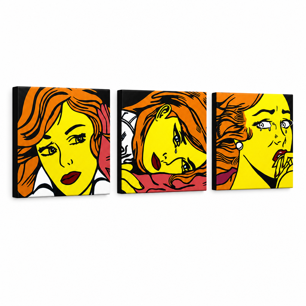 Ručno oslikana POP Art slika LICHTENSTEIN 3 dijela li7 – 3D vizualizacija ručno oslikanog platna na bijeloj pozadini. Dominantne boje: žuta, crna, narandžasta.