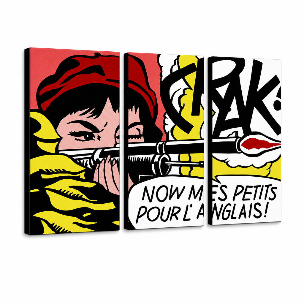 Ručno oslikana POP Art slika LICHTENSTEIN 3 dijela li8 – 3D vizualizacija ručno oslikanog platna na bijeloj pozadini. Dominantne boje: crvena, žuta, crna, bijela, narandžasta.