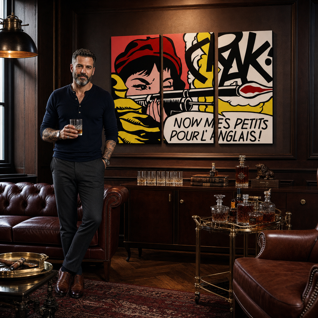 Ručno oslikana POP Art slika LICHTENSTEIN 3 dijela li8 – slika u modernom muškom enterijeru, lifestyle vizualizacija. Dominantne boje: crvena, žuta, crna, bijela, narandžasta.