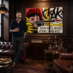 Ručno oslikana POP Art slika LICHTENSTEIN 3 dijela li8 – slika u modernom muškom enterijeru, lifestyle vizualizacija. Dominantne boje: crvena, žuta, crna, bijela, narandžasta.