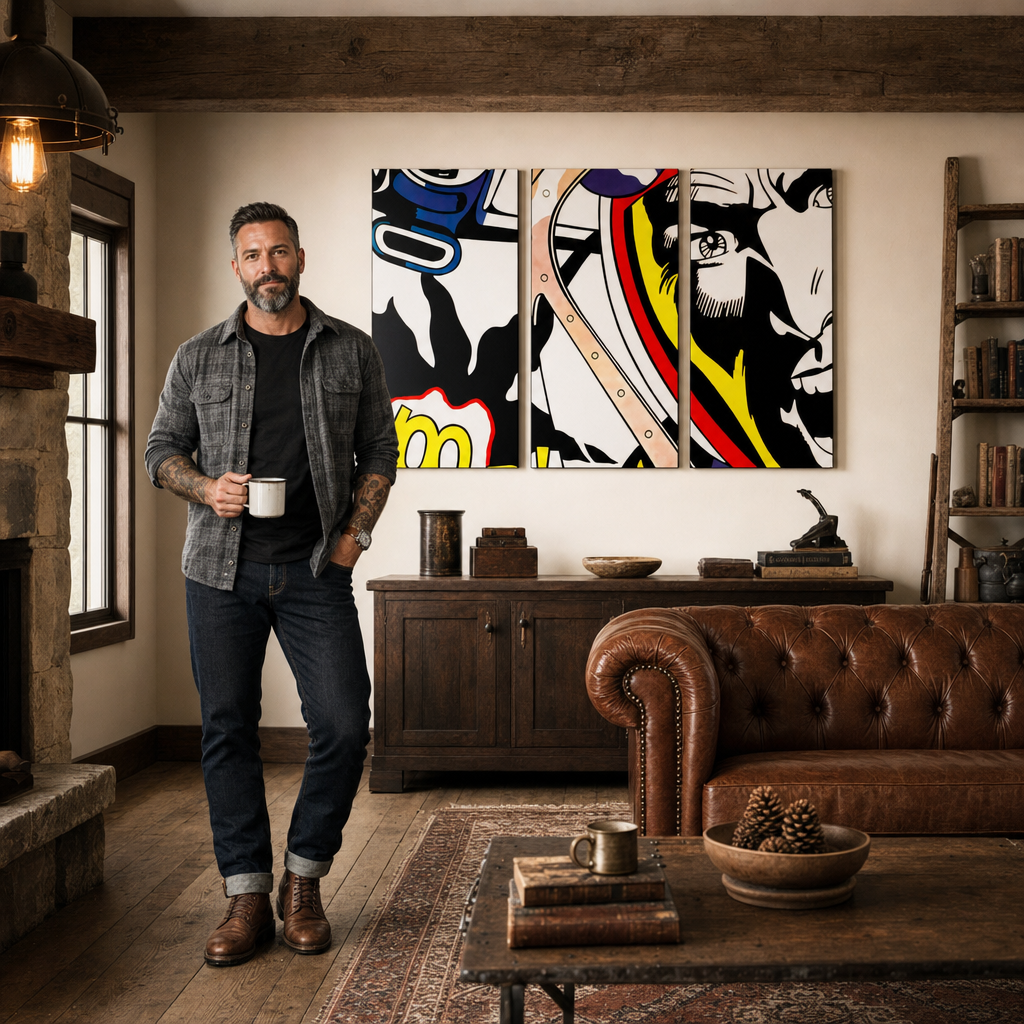 Ručno oslikana POP Art slika LICHTENSTEIN od 3 dijela – slika u modernom muškom enterijeru, lifestyle vizualizacija. Dominantne boje: crna, žuta, crvena, plava, bijela.