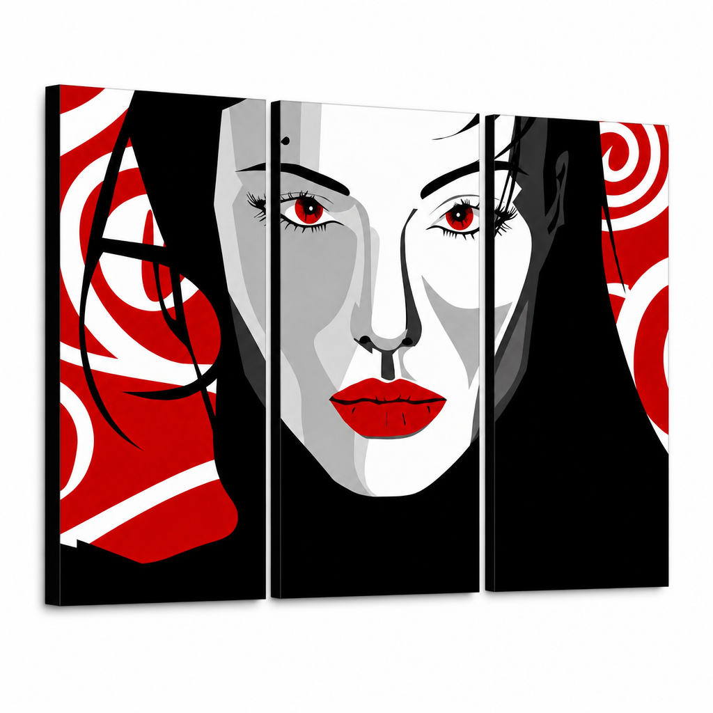 Ručno oslikana POP Art slika Lijepa ŽENA od 3 dijela nwoman – 3D vizualizacija ručno oslikanog platna na bijeloj pozadini. Dominantne boje: crna, crvena, bijela.