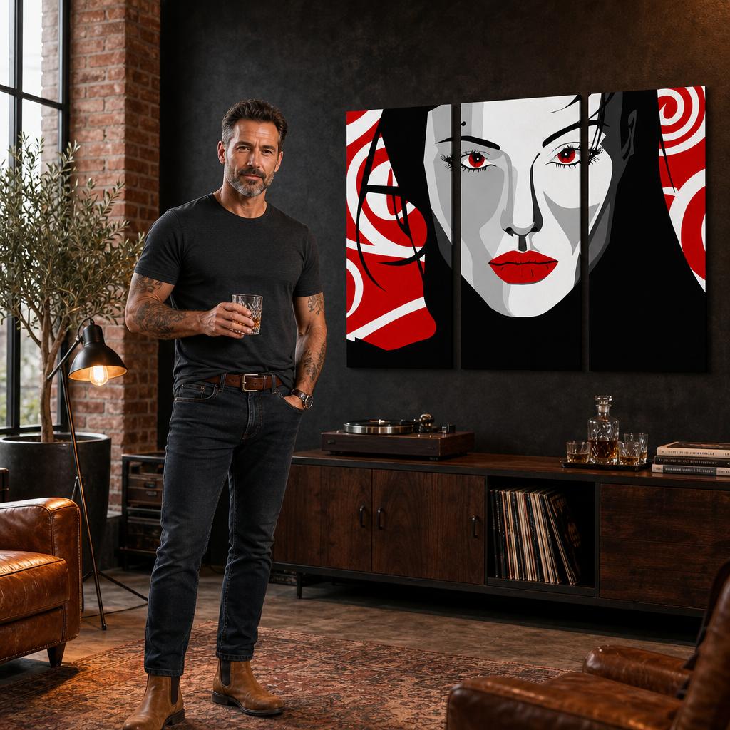 Ručno oslikana POP Art slika Lijepa ŽENA od 3 dijela nwoman – slika u modernom muškom enterijeru, lifestyle vizualizacija. Dominantne boje: crna, crvena, bijela.