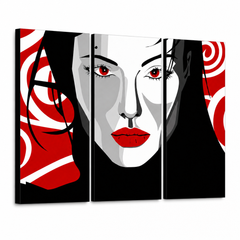 Ručno oslikana POP Art slika Lijepa ŽENA od 3 dijela nwoman – 3D vizualizacija ručno oslikanog platna na bijeloj pozadini. Dominantne boje: crna, crvena, bijela.
