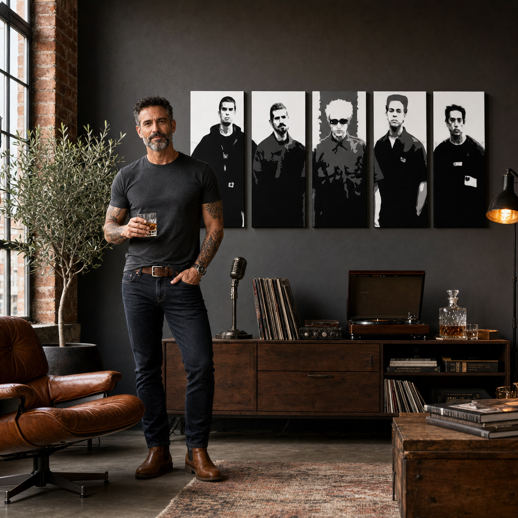 Ručno oslikana POP Art slika LINKIN PARK LP od 5 dijelova – slika u modernom muškom enterijeru, lifestyle vizualizacija. Dominantne boje: crna, bijela, siva.