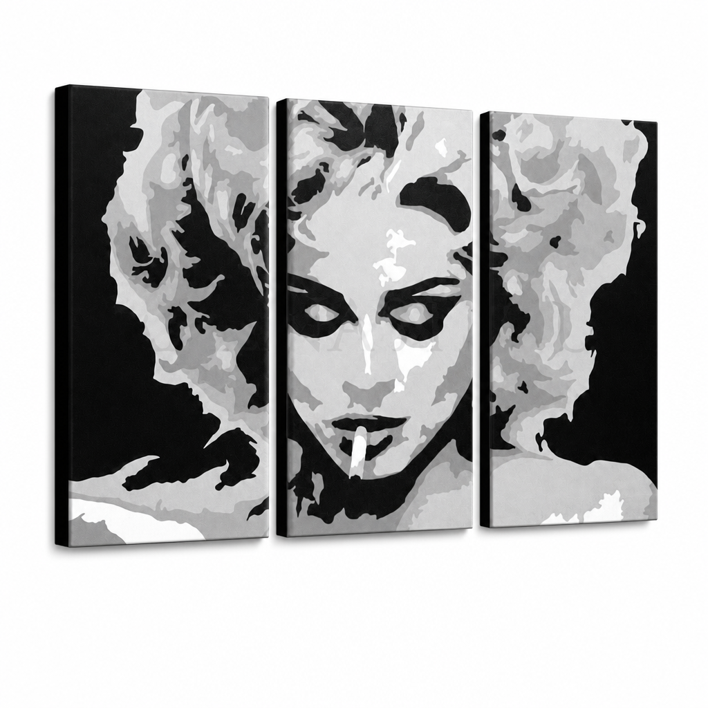 Ručno oslikana POP Art slika MADONNA od 3 dijela ma2 – 3D vizualizacija ručno oslikanog platna na bijeloj pozadini. Dominantne boje: crna, siva, bijela.
