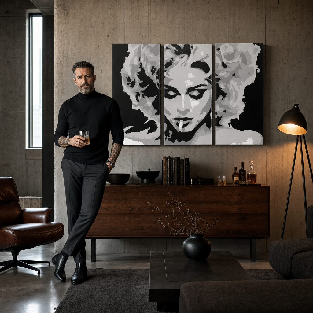 Ručno oslikana POP Art slika MADONNA od 3 dijela ma2 – slika u modernom muškom enterijeru, lifestyle vizualizacija. Dominantne boje: crna, siva, bijela.