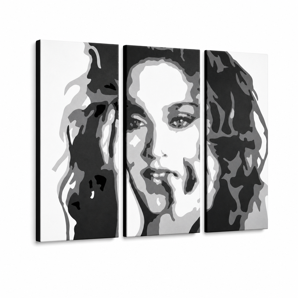 Ručno oslikana POP Art slika MADONNA od 3 dijela ma3 – 3D vizualizacija ručno oslikanog platna na bijeloj pozadini. Dominantne boje: crna, bijela, siva.