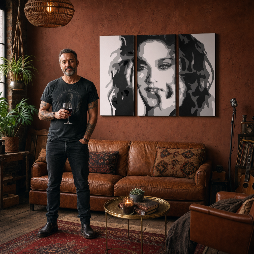 Ručno oslikana POP Art slika MADONNA od 3 dijela ma3 – slika u modernom muškom enterijeru, lifestyle vizualizacija. Dominantne boje: crna, bijela, siva.