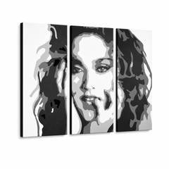 Ručno oslikana POP Art slika MADONNA od 3 dijela ma3 – 3D vizualizacija ručno oslikanog platna na bijeloj pozadini. Dominantne boje: crna, bijela, siva.