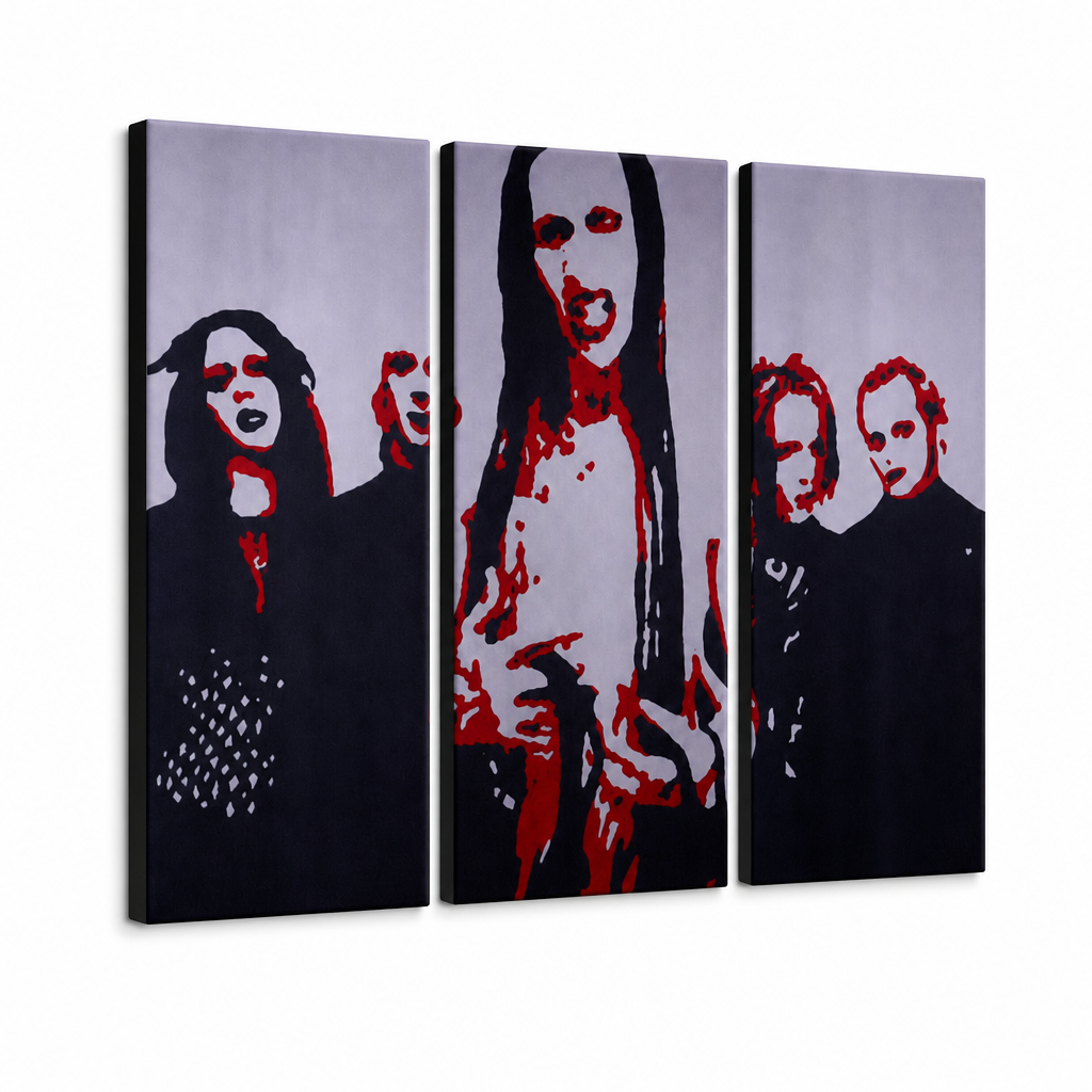 Ručno oslikana POP Art slika Marilyn Manson 3 dijela mm – 3D vizualizacija ručno oslikanog platna na bijeloj pozadini. Dominantne boje: crna, crvena, bijela.