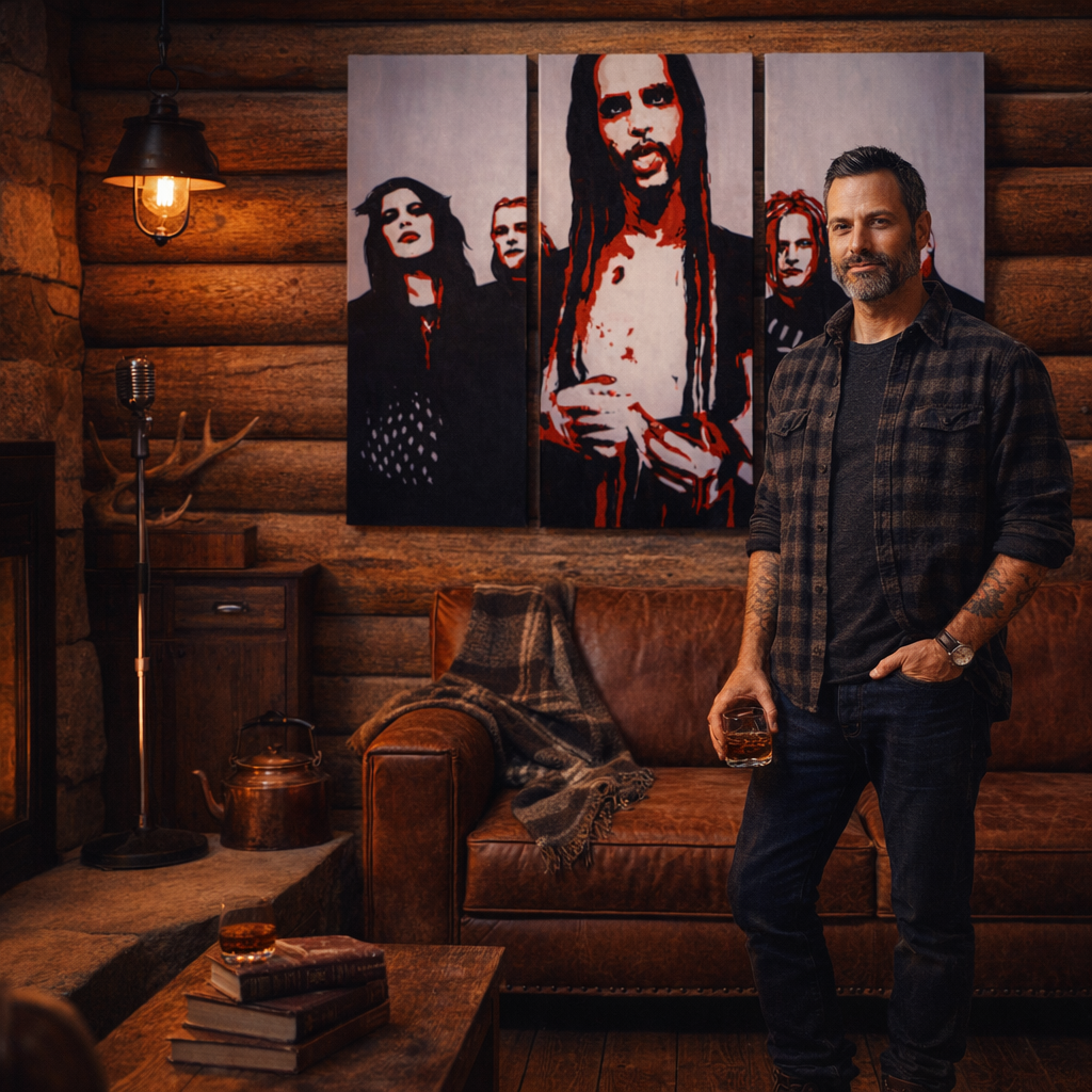 Ručno oslikana POP Art slika Marilyn Manson 3 dijela mm – slika u modernom muškom enterijeru, lifestyle vizualizacija. Dominantne boje: crna, crvena, bijela.