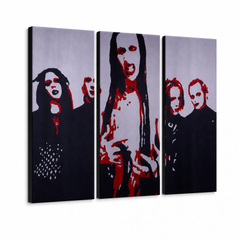 Ručno oslikana POP Art slika Marilyn Manson 3 dijela mm – 3D vizualizacija ručno oslikanog platna na bijeloj pozadini. Dominantne boje: crna, crvena, bijela.