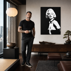 Ručno oslikana POP Art slika Marilyn MONROE 1 komad mon5 – slika u modernom muškom enterijeru, lifestyle vizualizacija. Dominantne boje: crna, bijela, siva.