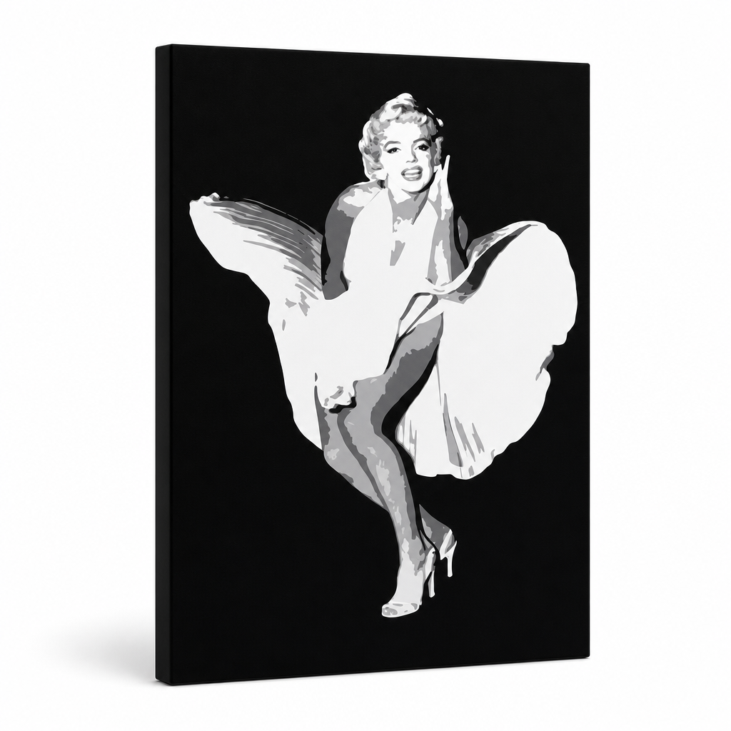 Ručno oslikana POP Art slika Marilyn Monroe 1 komad mon6 – 3D vizualizacija ručno oslikanog platna na bijeloj pozadini. Dominantne boje: crna, bijela, siva.