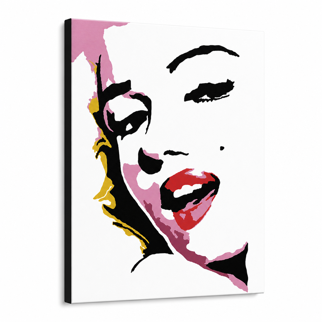 Ručno oslikana POP Art slika Marilyn Monroe 1 komad pon7 – 3D vizualizacija ručno oslikanog platna na bijeloj pozadini. Dominantne boje: roza, crvena, crna, žuta, siva.