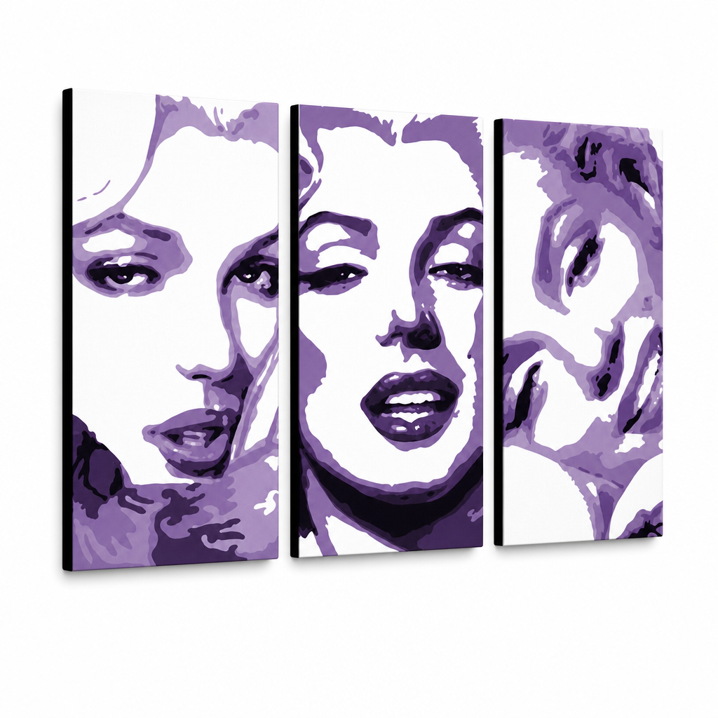 Ručno oslikana POP Art slika Marilyn MONROE, 3 dijela, mon4 – 3D vizualizacija ručno oslikanog platna na bijeloj pozadini. Dominantne boje: ljubičasta, bijela, crna.