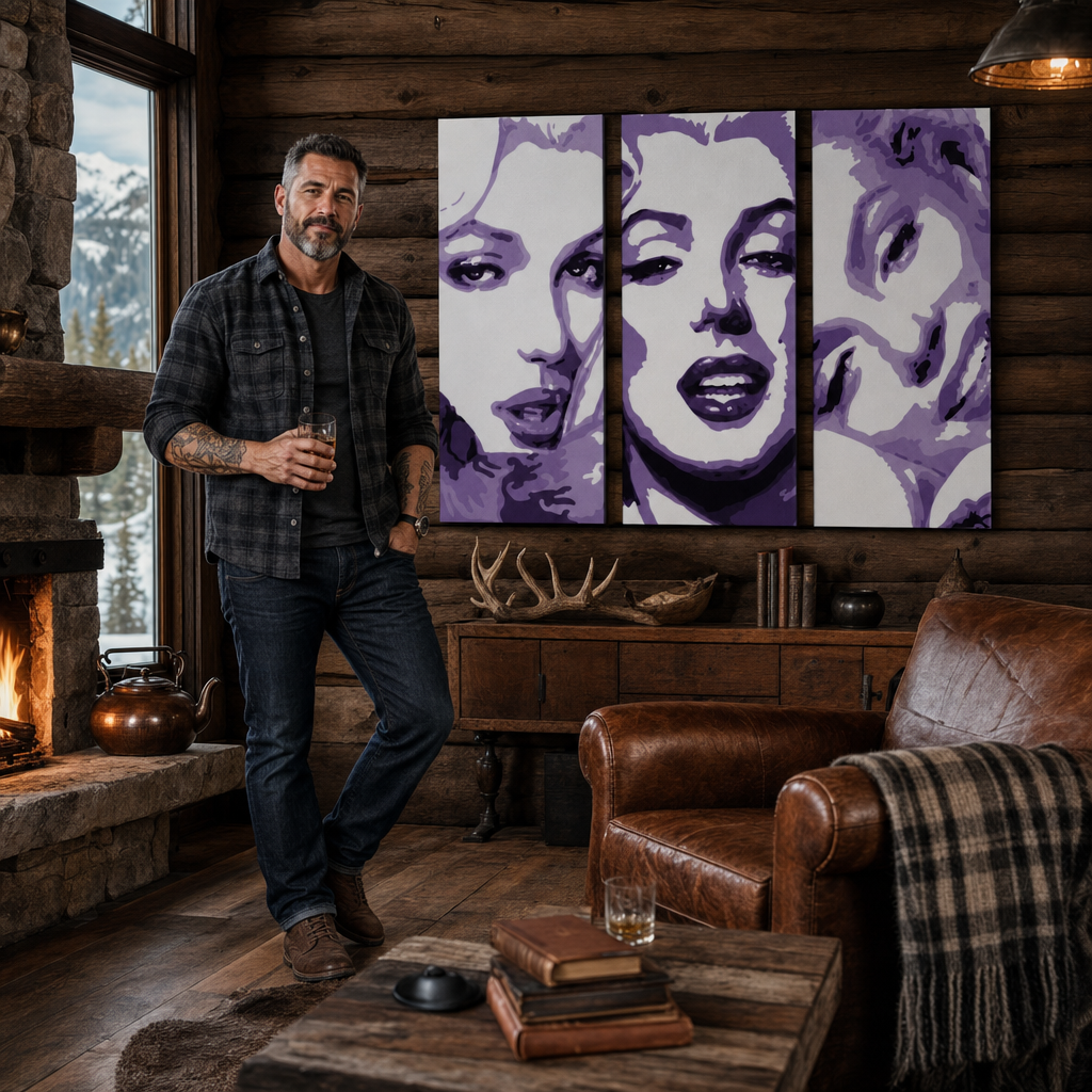 Ručno oslikana POP Art slika Marilyn MONROE, 3 dijela, mon4 – slika u modernom muškom enterijeru, lifestyle vizualizacija. Dominantne boje: ljubičasta, bijela, crna.