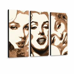 Ručno oslikana POP Art slika Marilyn MONROE od 3 dijela mon1 – 3D vizualizacija ručno oslikanog platna na bijeloj pozadini. Dominantne boje: bež, smeđa, crna.