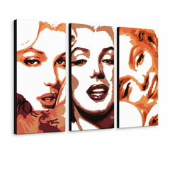 Ručno oslikana POP Art slika Marilyn Monroe od 3 dijela mon2 – 3D vizualizacija ručno oslikanog platna na bijeloj pozadini. Dominantne boje: narandžasta, smeđa, bijela.