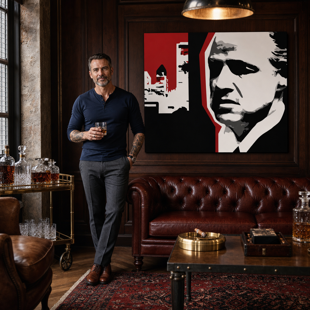 Ručno oslikana POP Art slika Marlon Brando 1 komad mb8 – slika u modernom muškom enterijeru, lifestyle vizualizacija. Dominantne boje: crna, bijela, crvena.