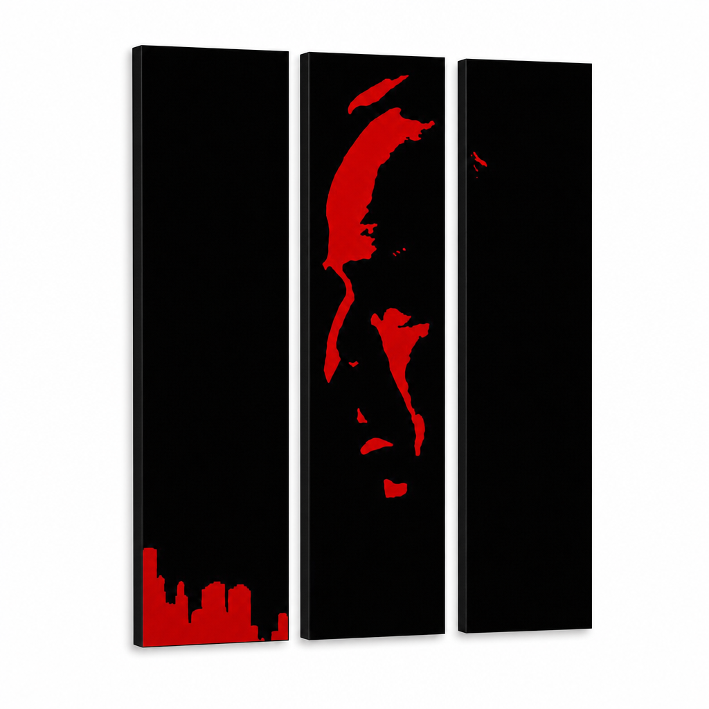 Ručno oslikana POP Art slika Marlon Brando 3 dijela gff – 3D vizualizacija ručno oslikanog platna na bijeloj pozadini. Dominantne boje: crna, crvena.