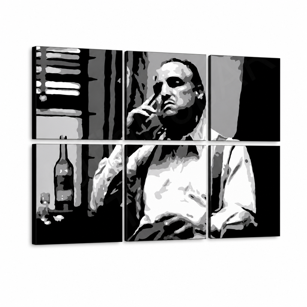 Ručno oslikana POP Art slika MARLON BRANDO 6-dijelna mb9 – 3D vizualizacija ručno oslikanog platna na bijeloj pozadini. Dominantne boje: crna, bijela, siva.