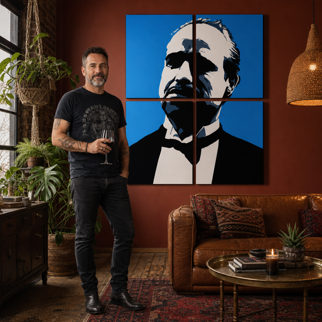 Ručno oslikana POP Art slika Marlona Branda iz 4 dijela mb4 – slika u modernom muškom enterijeru, lifestyle vizualizacija. Dominantne boje: plava, crna, bijela.