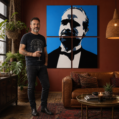 Ručno oslikana POP Art slika Marlona Branda iz 4 dijela mb4 – slika u modernom muškom enterijeru, lifestyle vizualizacija. Dominantne boje: plava, crna, bijela.