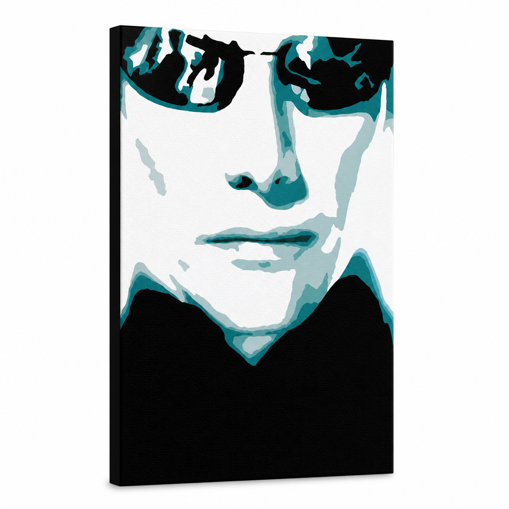 Ručno oslikana POP Art slika MATRIX, podloga od 1 komada – 3D vizualizacija ručno oslikanog platna na bijeloj pozadini. Dominantne boje: crna, plava, bijela.