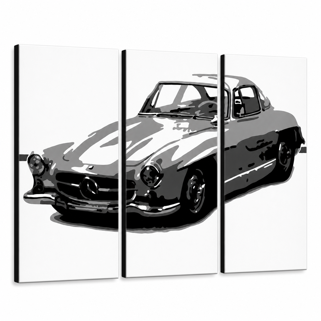 Ručno oslikana POP Art slika MERCEDES SL300 3 dijela – 3D vizualizacija ručno oslikanog platna na bijeloj pozadini. Dominantne boje: crna, bijela, siva.