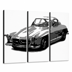 Ručno oslikana POP Art slika MERCEDES SL300 3 dijela – 3D vizualizacija ručno oslikanog platna na bijeloj pozadini. Dominantne boje: crna, bijela, siva.